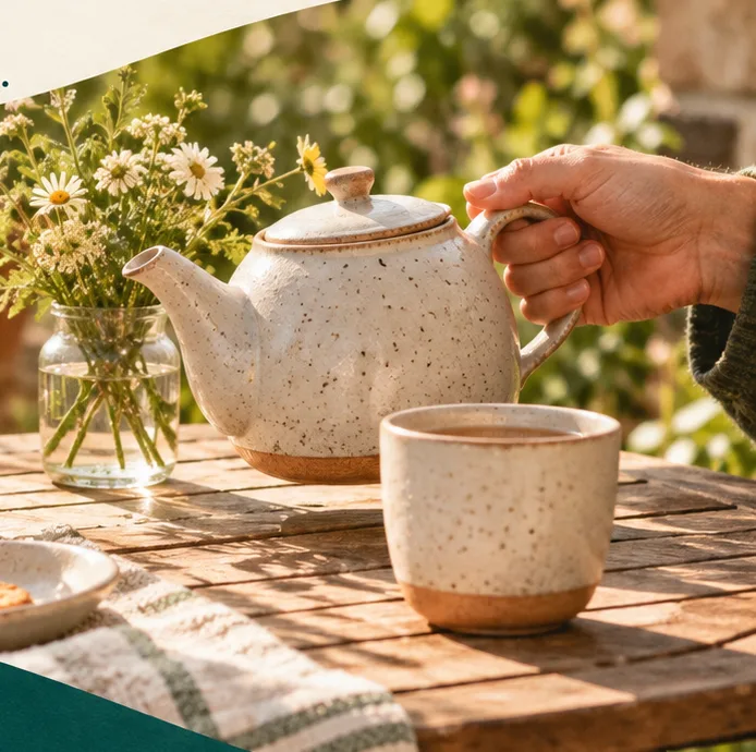 Two people sharing a pot of tea at a sunlit garden table.