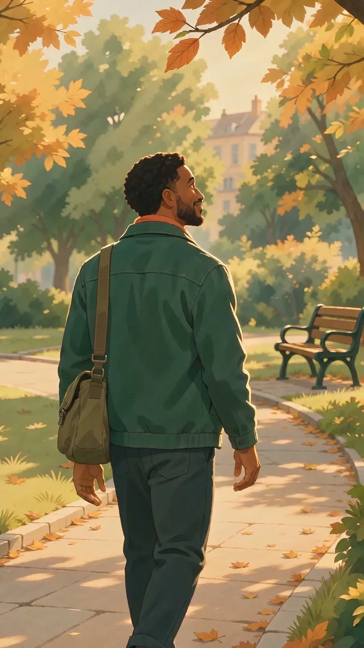 A man strolling through a sunlit autumn park, phone away, looking up at the trees.