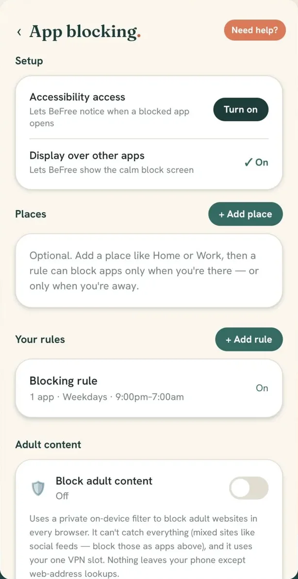 The app blocking screen in BeFree: setup, places, rules and the adult-content filter.