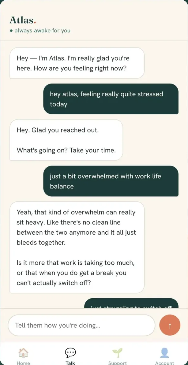 A conversation with Atlas, the AI companion, in BeFree.