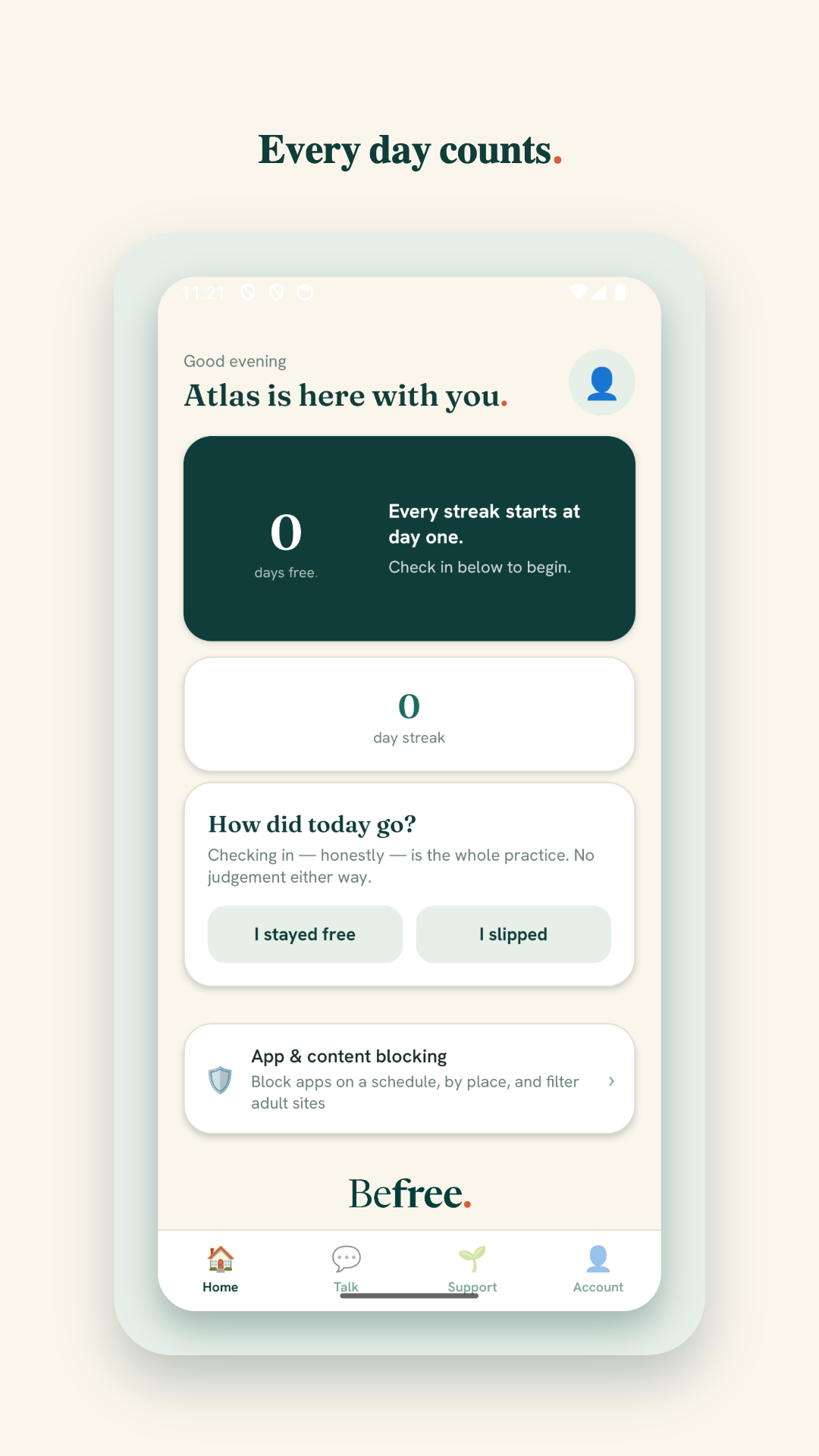 BeFree home screen showing the daily check-in and streak.