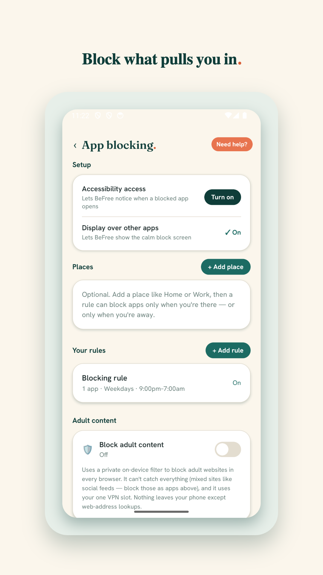 App and content blocking settings with schedules and places.