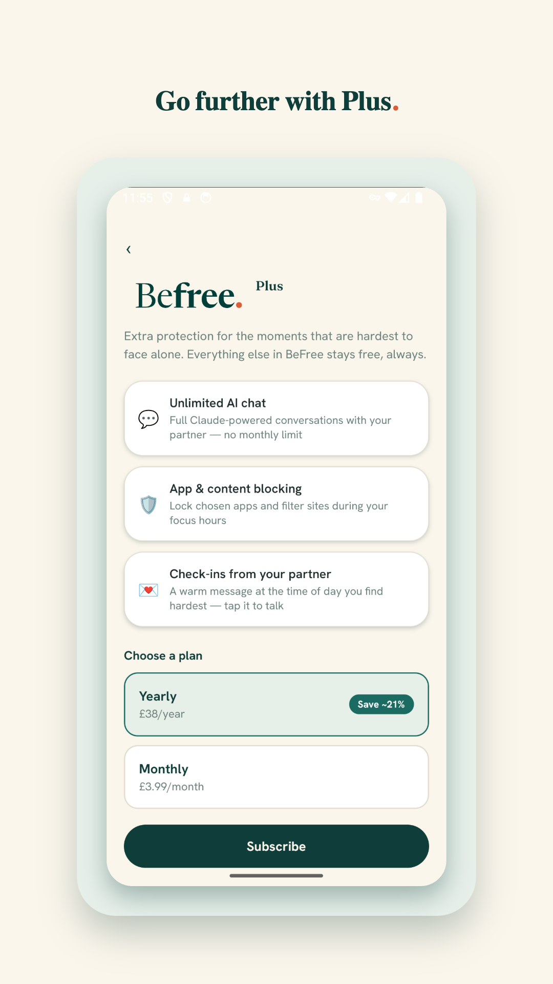 The BeFree Plus screen with its features and pricing.